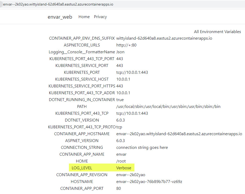 Screenshot of environment variable listing