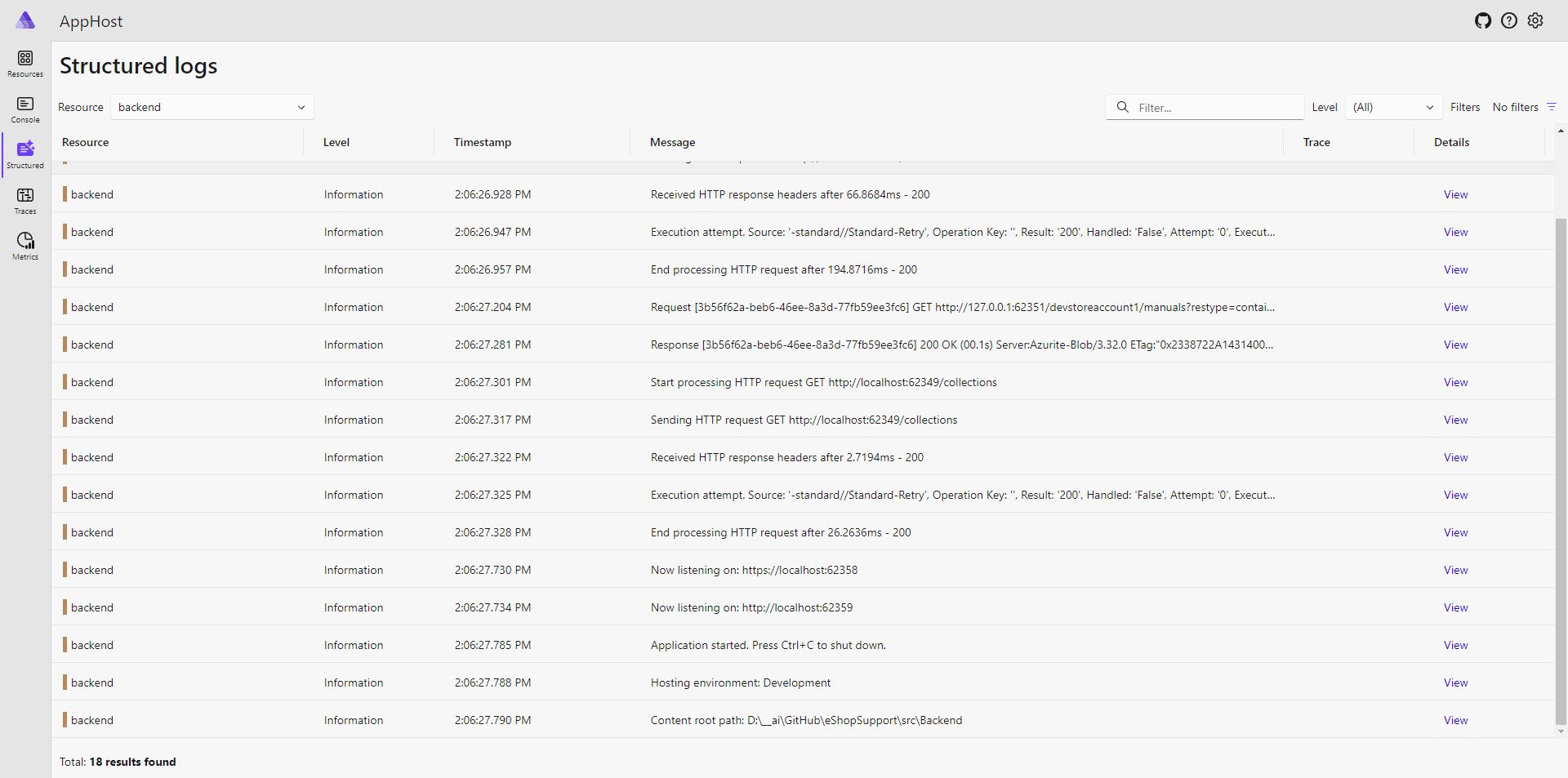 Aspire Dashboard - Structured